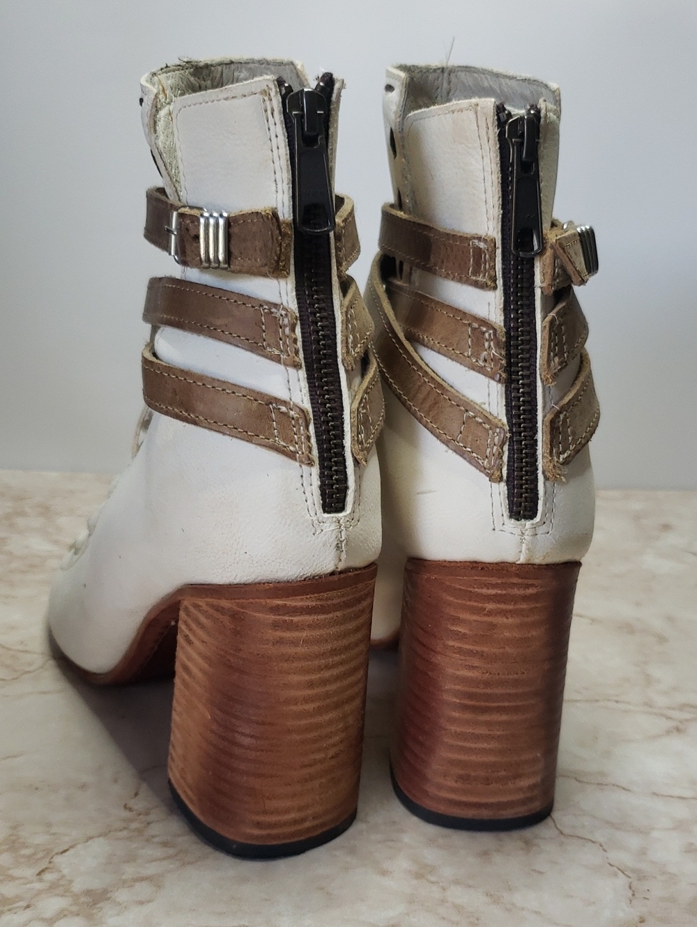 Freebird By Steven Eagle Off White Leather Open Toe Boots With Brown Straps 10 - Picture 4 of 8